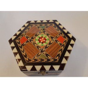 Vintage Mijas Lacquered Wood Inlay Hinged Hexagon Trinket Box Spain
